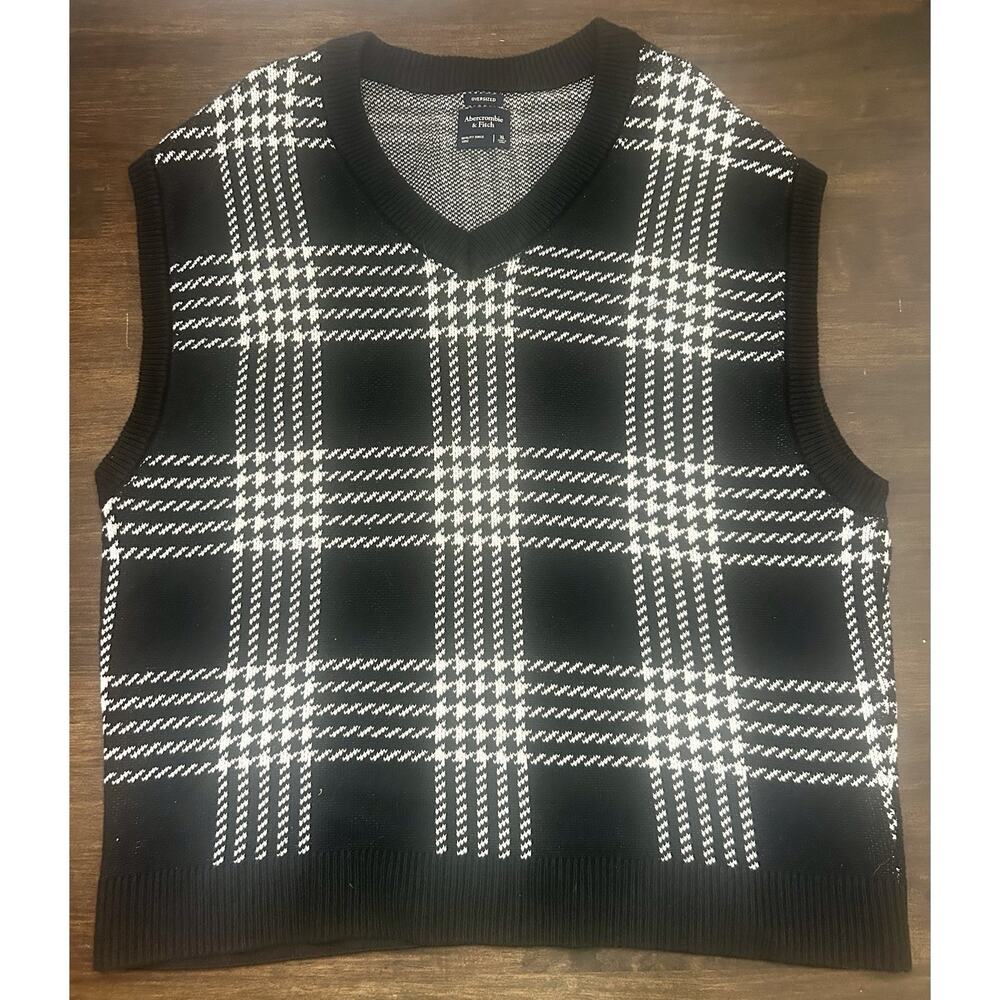 Abercrombie Fitch Sweater Vest Mens XL Black Knit Houndstooth V Neck Oversized